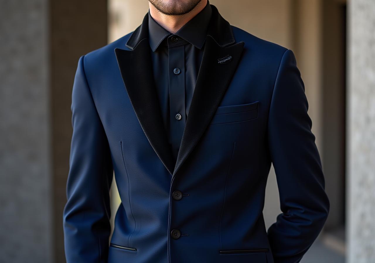 Sharp midnight blue tuxedo with velvet lapels